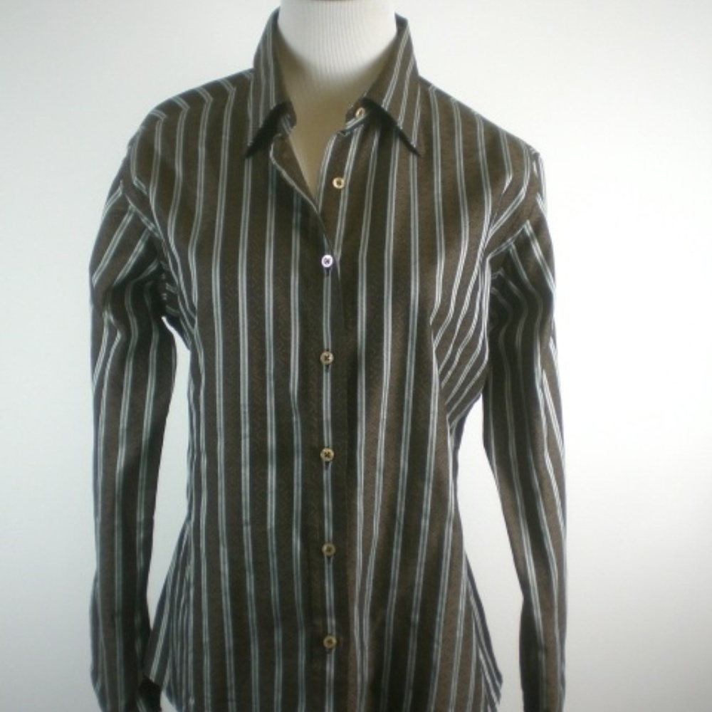 SEIZE SUR VINGT shirt button up fitted BROWN BLUE STRIPE  L